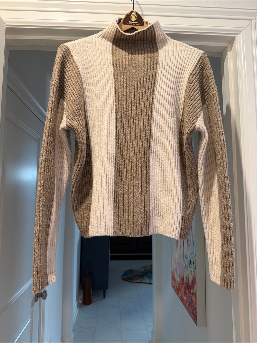 Fifteen Twenty Ribbed Cowl Neck Sweater in Beige & Cream Rent the Runway S
